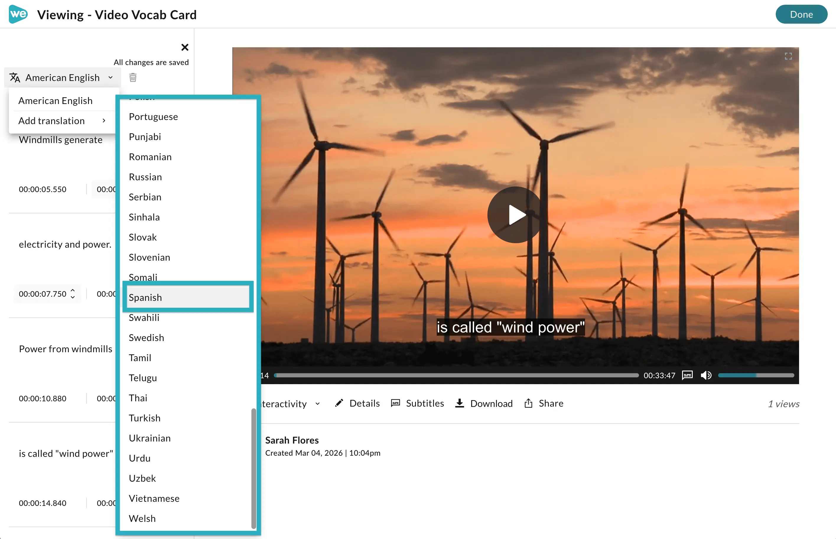 Subtitle language selection in WeVideo. 