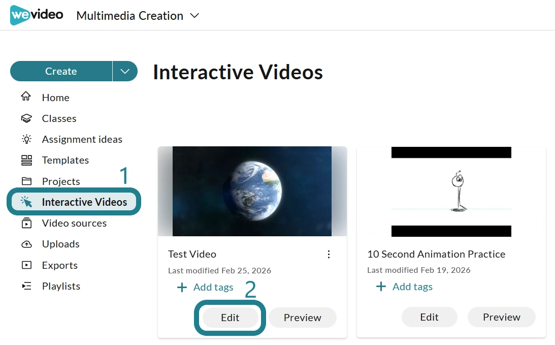 The Multimedia Creation space with the Interactive Videos tab highlighted as the first step, and the Edit button of the interactive video highlighted as the second step.