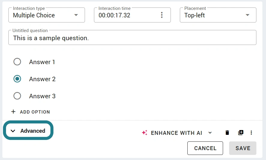 Highlighted the Advanced menu of the interaction editor in the WeVideo interactive video editor.
