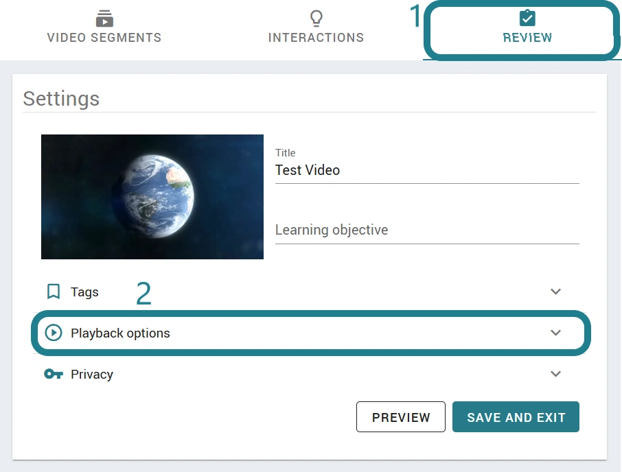 The review tab of the interactive video editor is highlighted as the first step, and the playback options menu is highlighted as the second step.