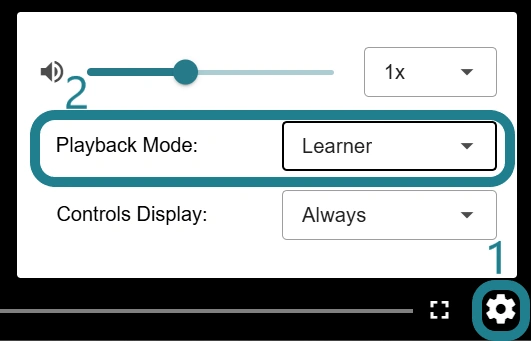 The interactive video player's settings menu is expanded, and the Playback Mode option is set to Learner.