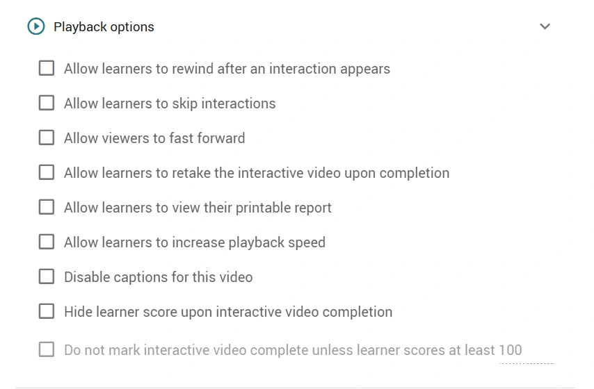 The expanded playback options menu of the interactive video editor