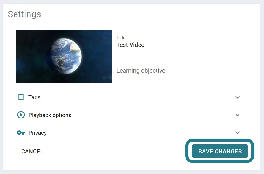 The save changes button in the interactive video editor is highlighted