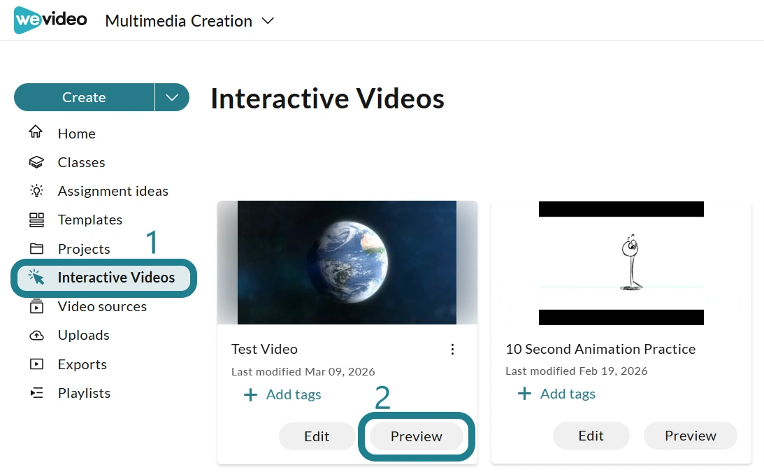The Multimedia Creation space with the Interactive Videos tab highlighted as the first step, and the Preview button of the interactive video highlighted as the second step.