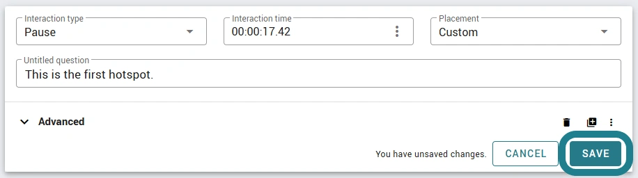 The save button on the created interaction is highlighted.