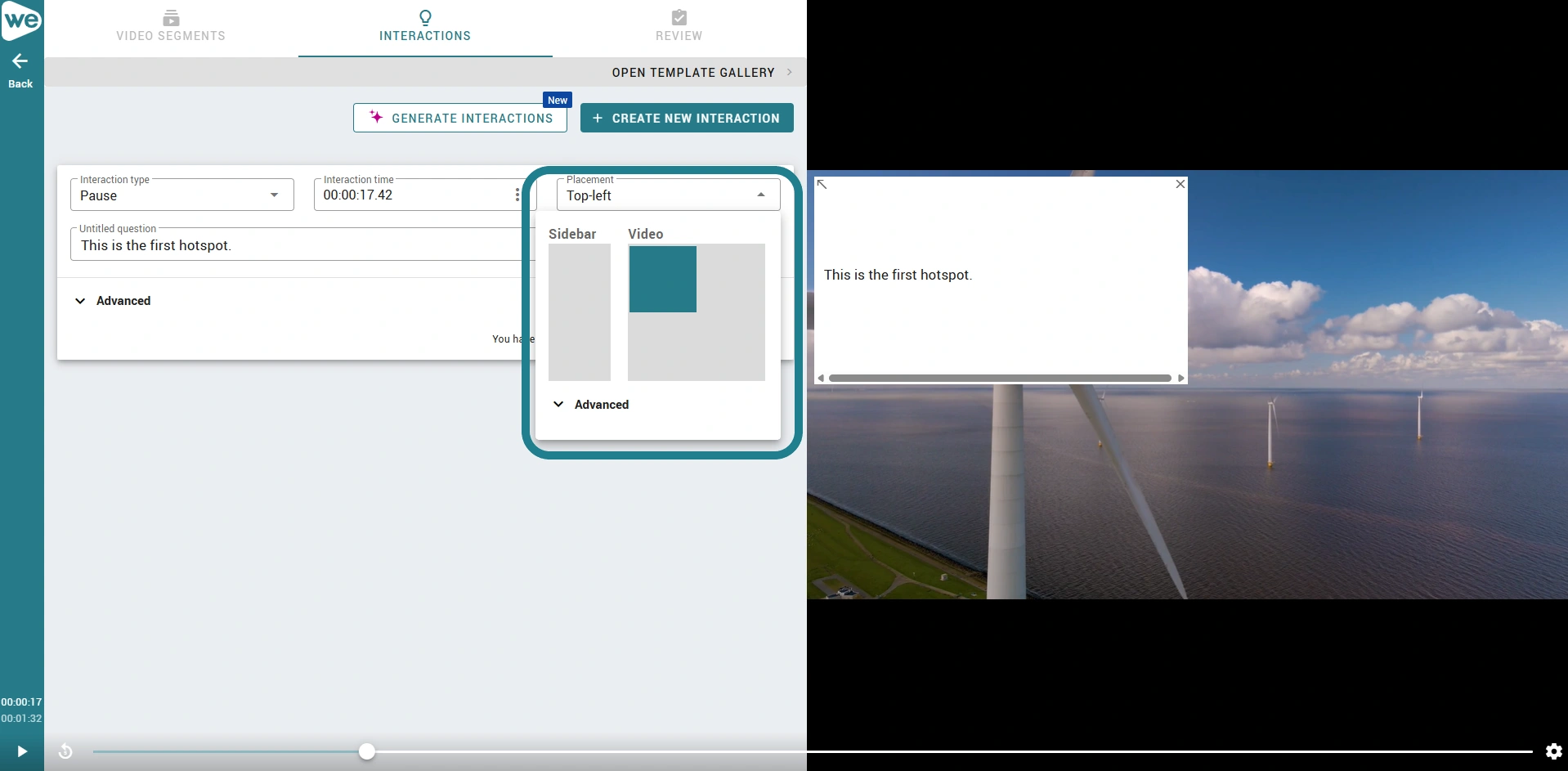 In the interactive video editor, the placement section is highlighted, allowing users to adjust the interaction placement.