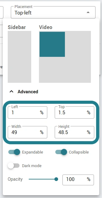The "left", "top", "width", and "height" options are highlighted for users to adjust the parameters in them