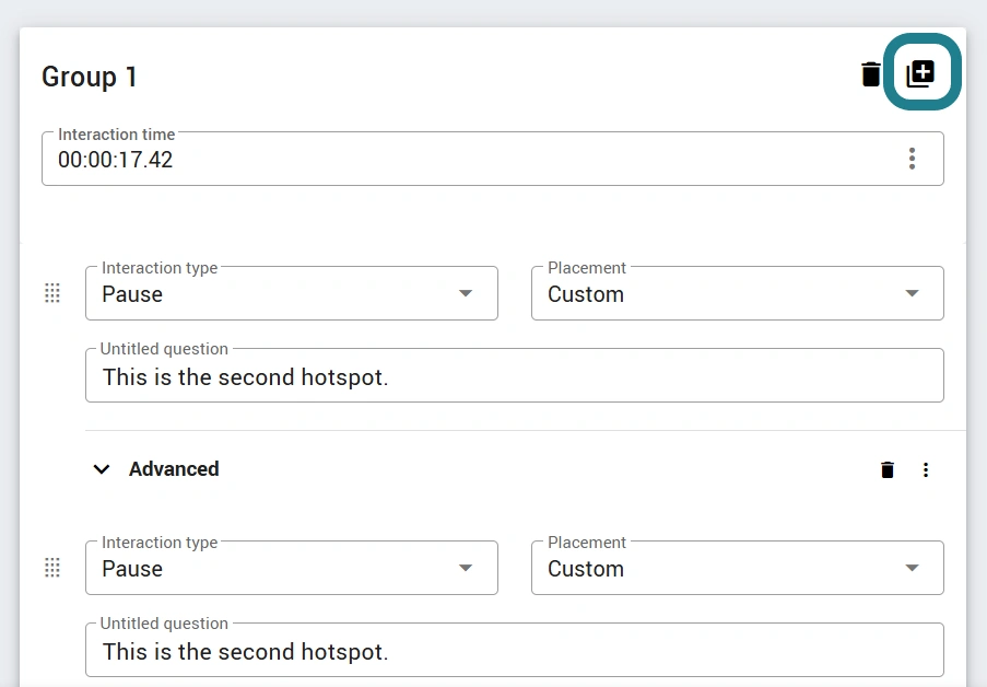 The "Add interaction to group" button in the interactive video editor is highlighted.