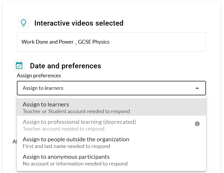 The assign preferences menu on the assign page is expanded to show the three assign options.