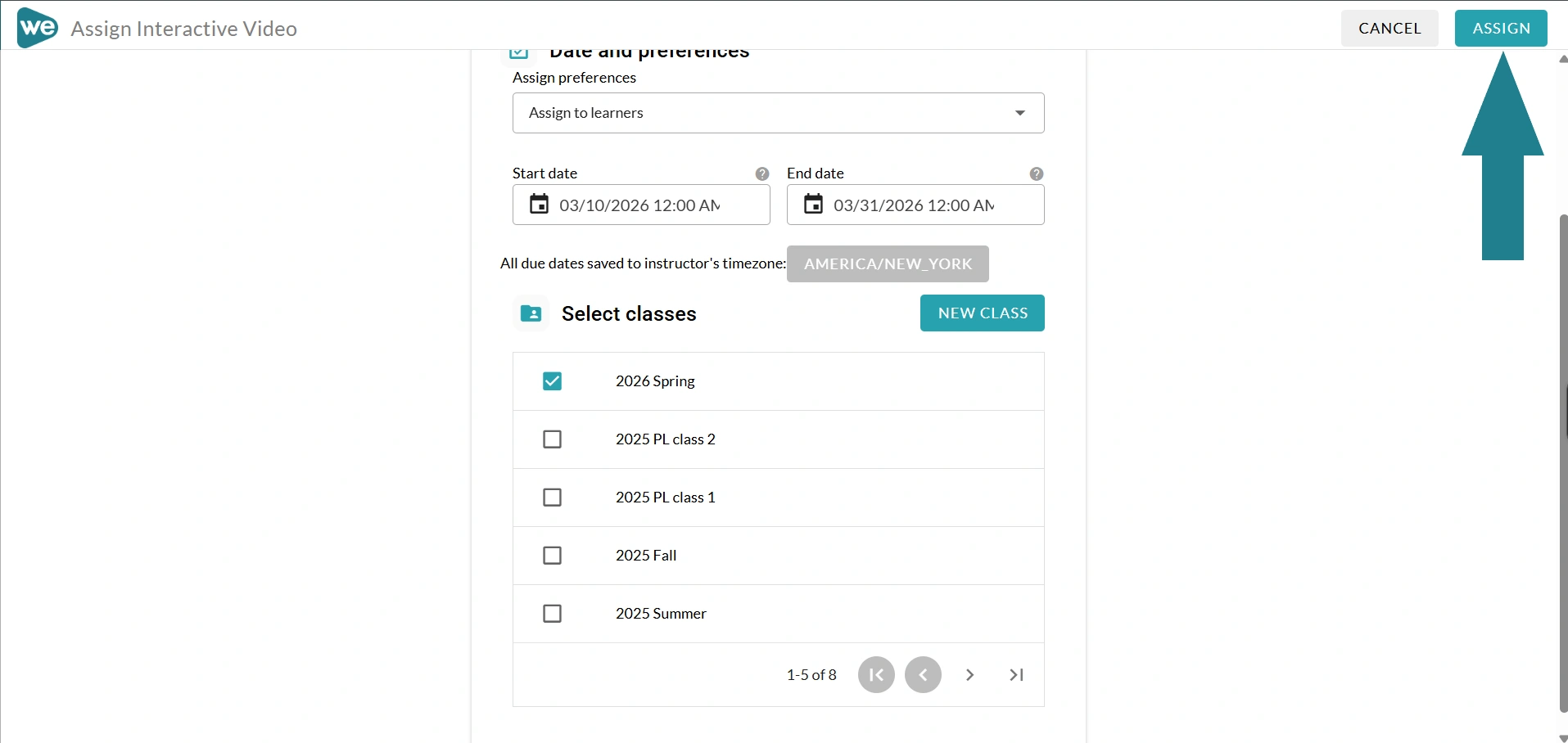The Assign button on the Assign interactive video page is highlighted