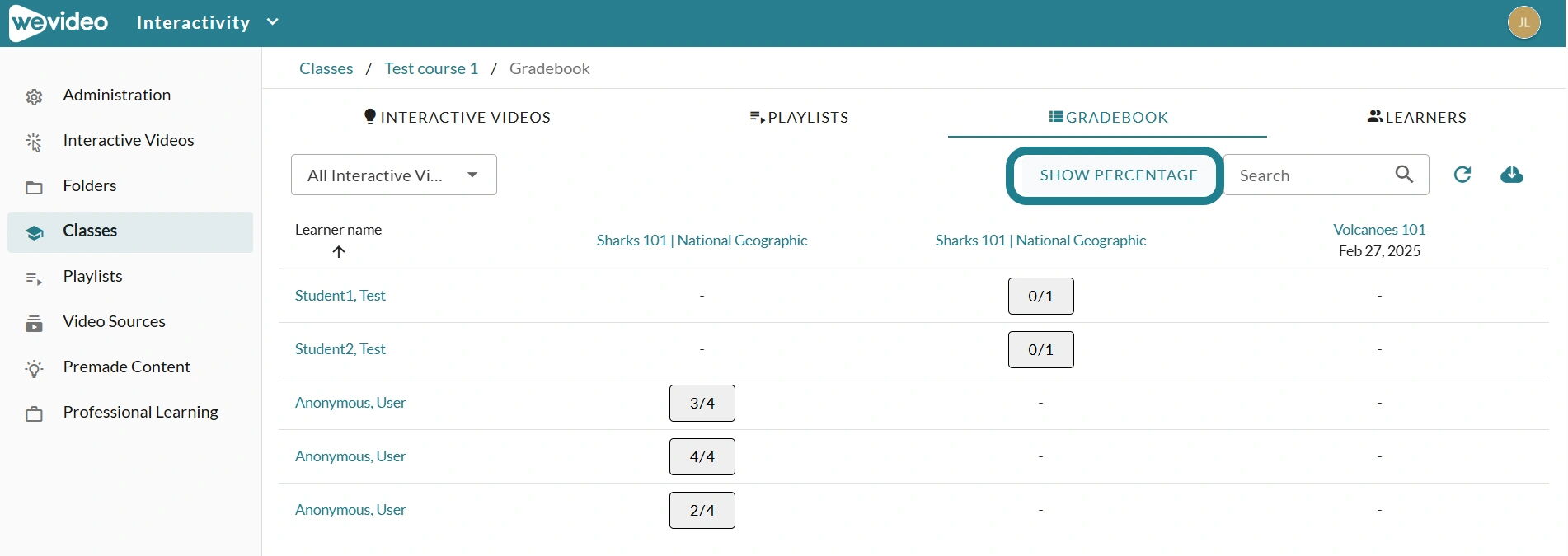 The "Show points/percentage" button is highlighted for instructors to switch between displaying points and percentage in the gradebook.