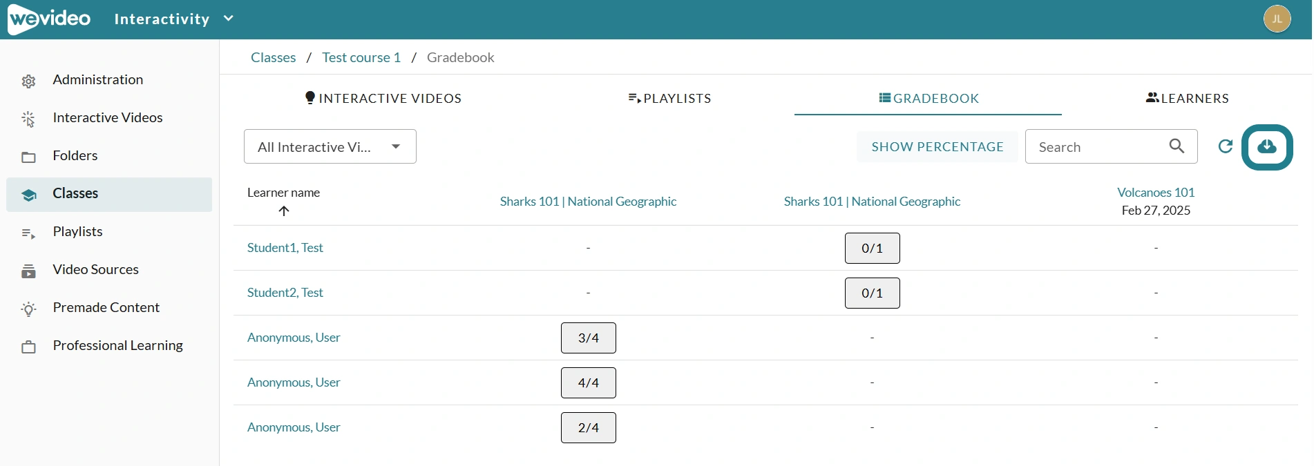 The data export button on the interactivity monitor page is highlighted for instructors to download data for the assignments in this class.