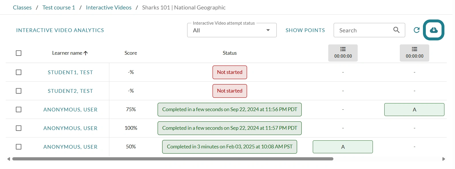 The data export button on the interactive video monitor page is highlighted for instructors to download data for the assignments in this class.