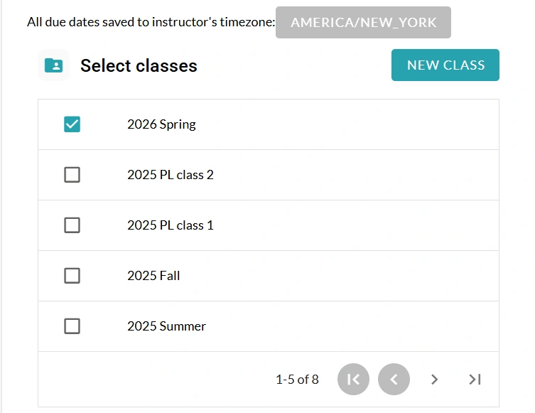 The class from the class list on the assignment page is selected by clicking the checkbox next to it.