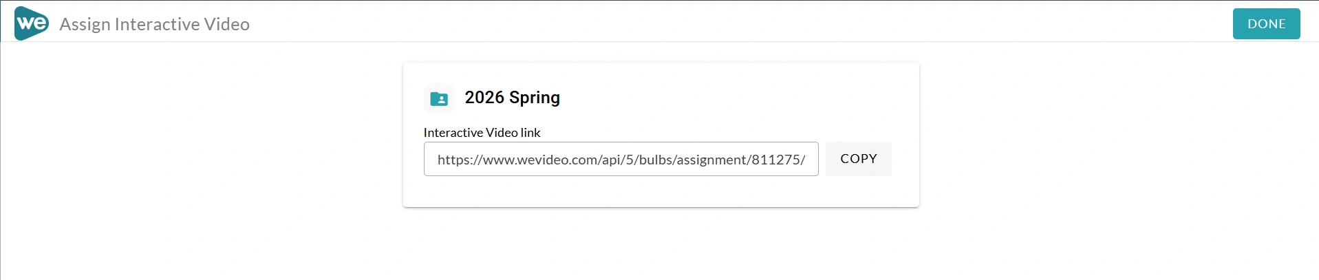 The assignment link is displayed on the screen, and the Done button is at the top of the page.