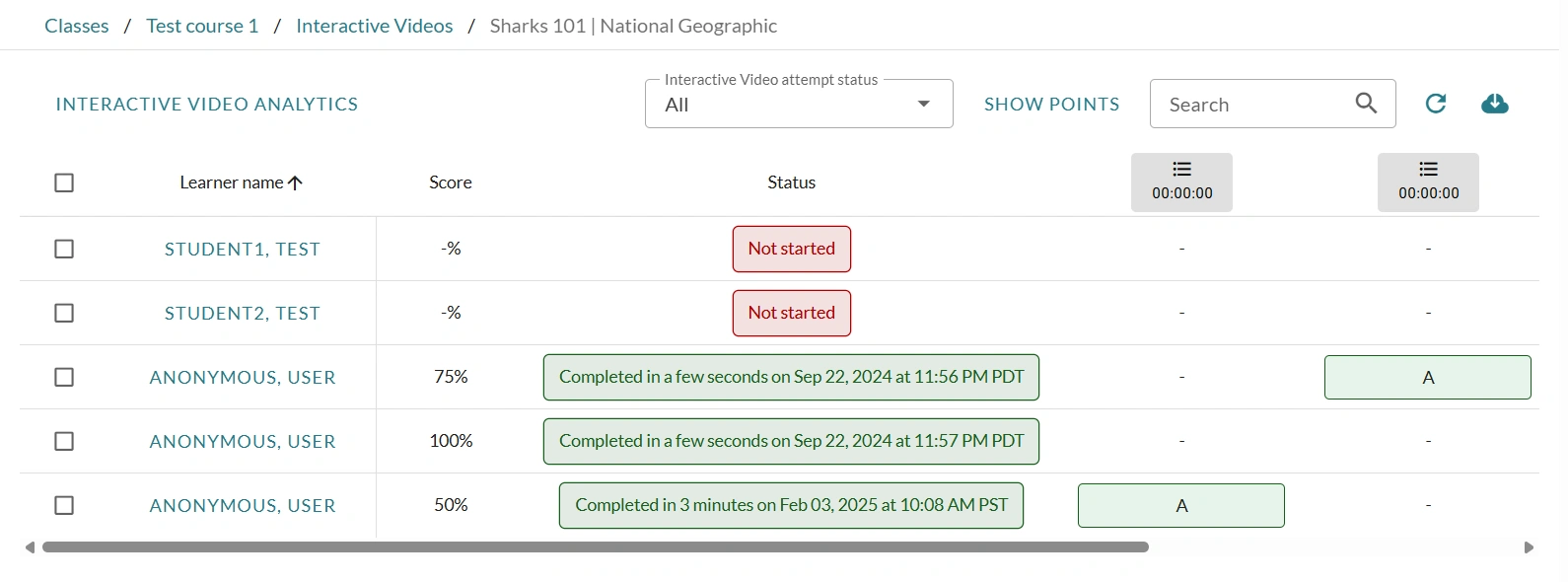The monitor page for the interactive video assignment displays learners' statuses and their submissions for each question.