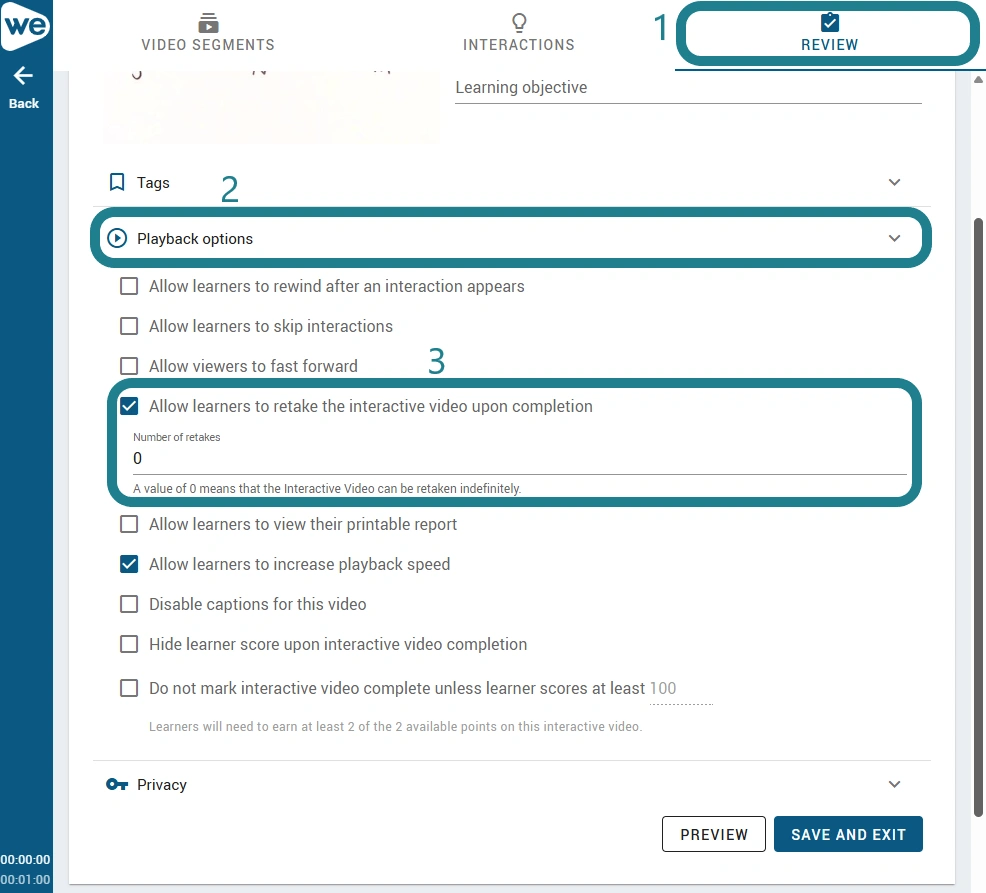 In the interactive video editor, switch to the Review tab, expand the playback options, and select the "Allow learners to retake the interactive video upon completion" option