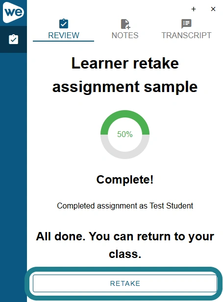 The retake button on the interactive video completion window is highlighted.