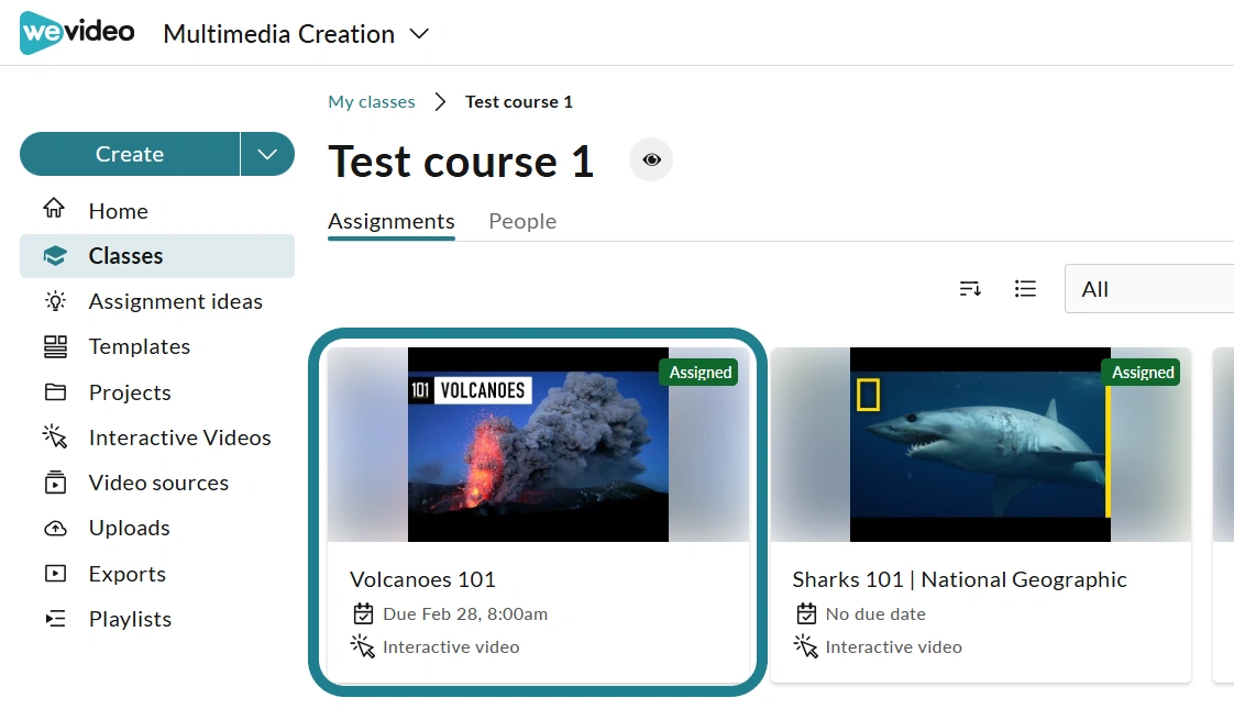 The interactive video assignment in the class is highlighted.