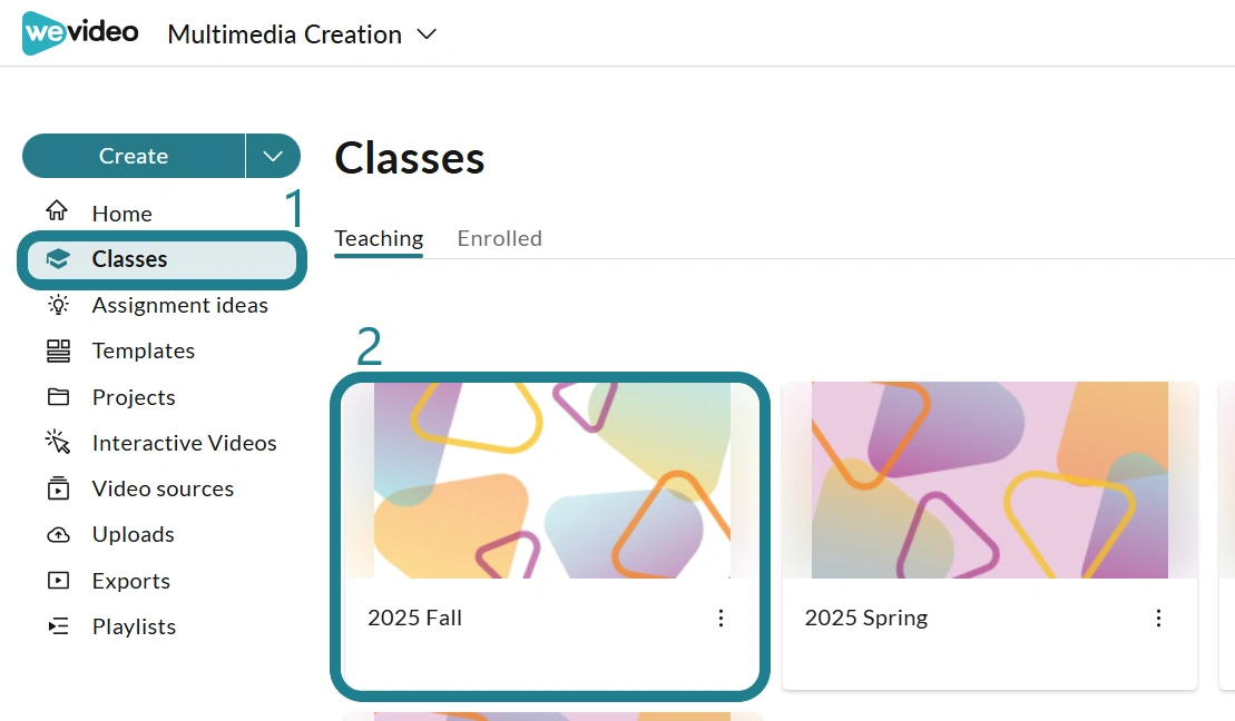 The classes tab in the Multimedia Creation space is marked as the first step, and the class is highlighted as the second step.