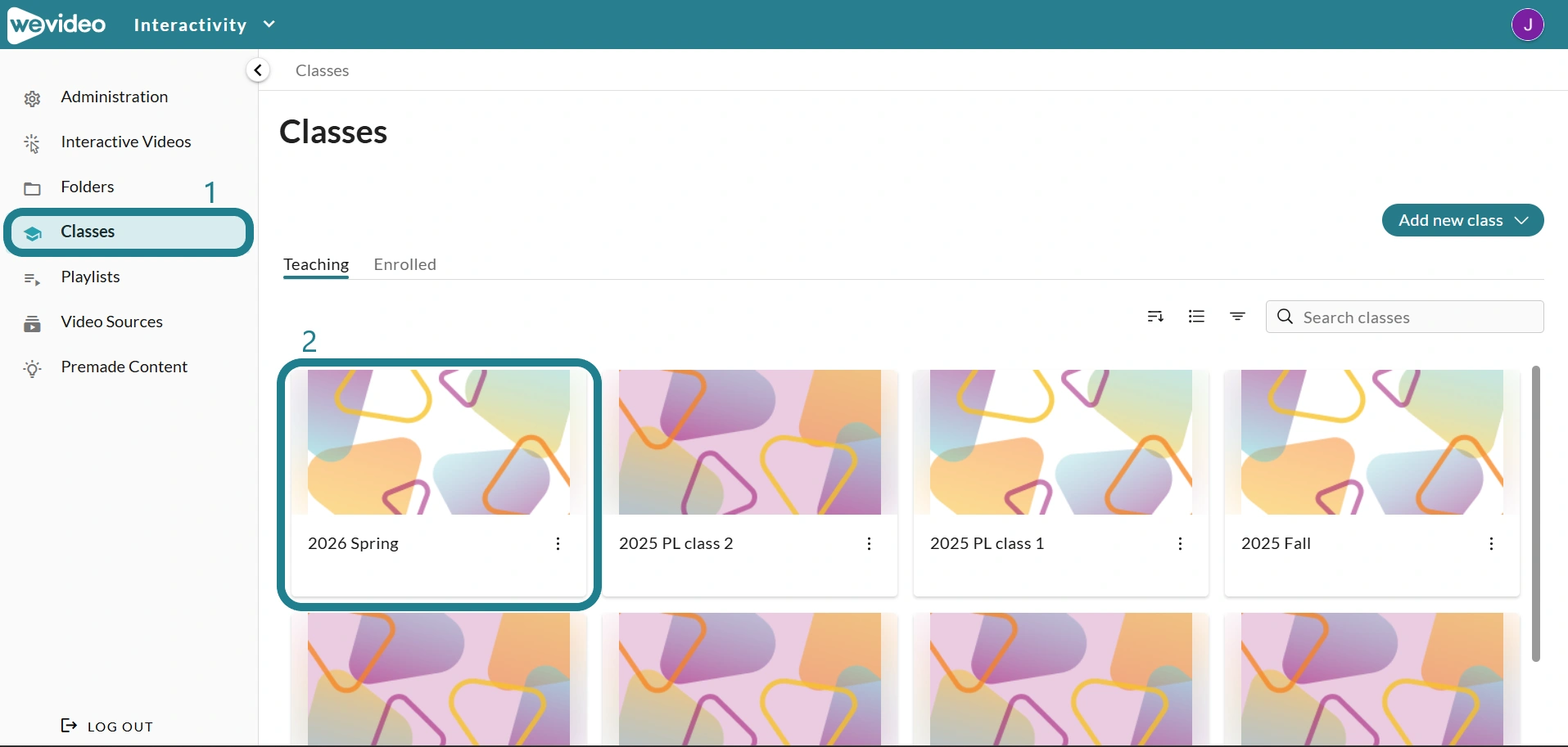 The classes tab in the WeVideo Interactivity space is highlighted as the first step, and the class is marked as the second step.