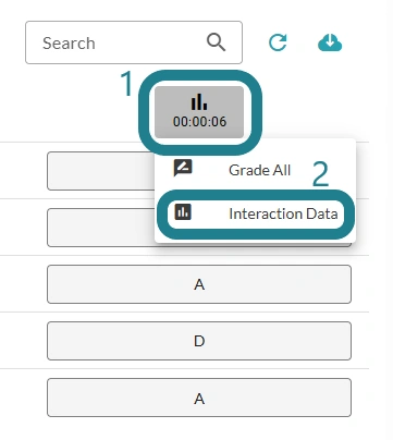 The poll interaction icon is highlighted as the first step, and the Interaction data option in the expanded menu is highlighted as the second step.