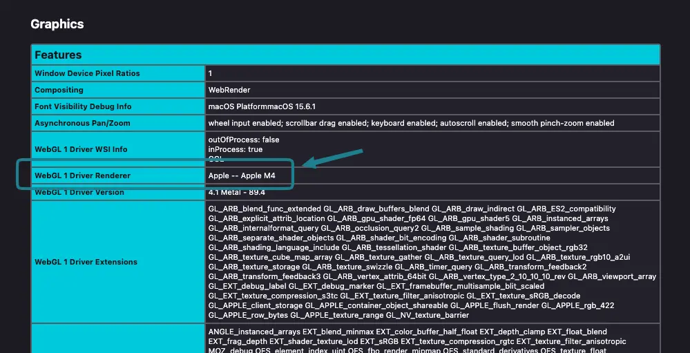 Checking the Driver Renderer for WebGL in Firefox. 