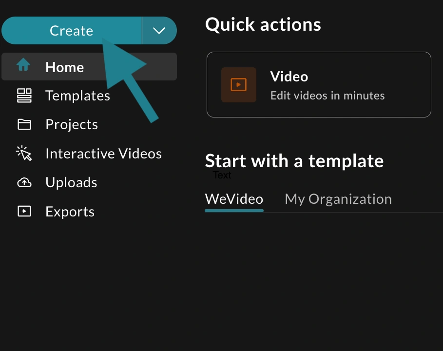 The Create button in the WeVideo Multimedia Creation space is highlighted for users to create a new project