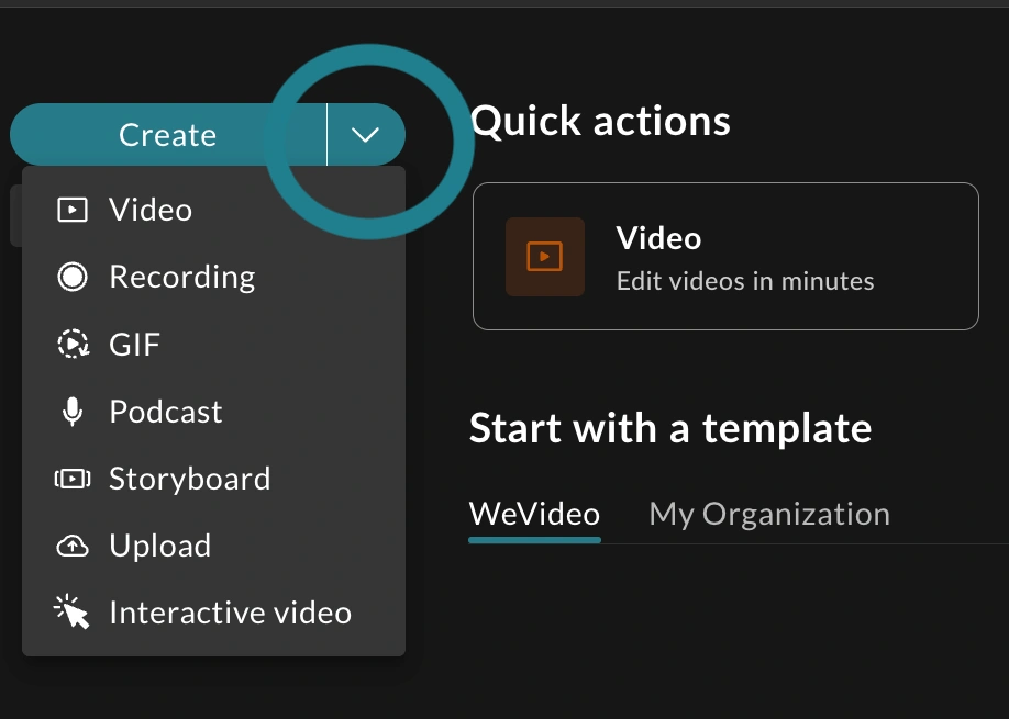 The dropdown menu shows the project type users can create in WeVideo