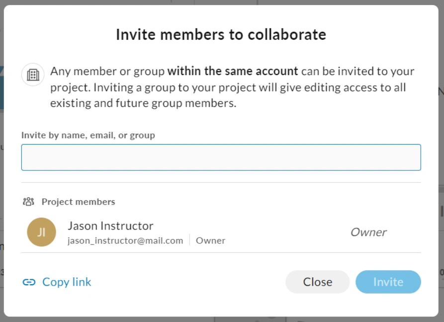 The invite members to collaborate panel with the input section for users to enter collaborators' emails
