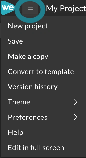 Click the Menu icon in the project editor to expand the project's action menu.