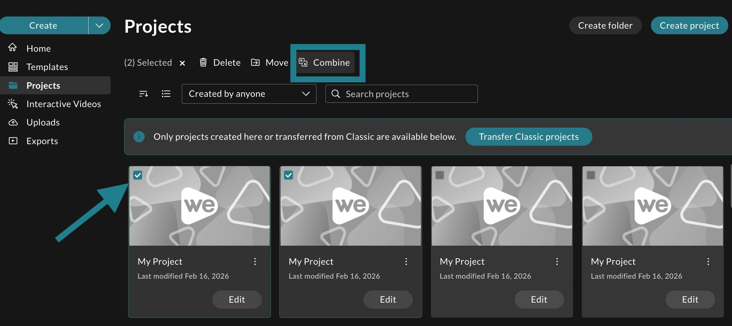Multiple projects are selected on the projects page, and then the Combine button at the top of the page is clicked.