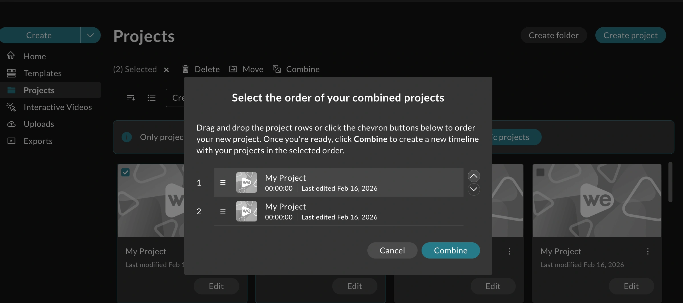 A list of select projects shows in the panel, and the combine button is highlighted for the user to confirm combining these projects.