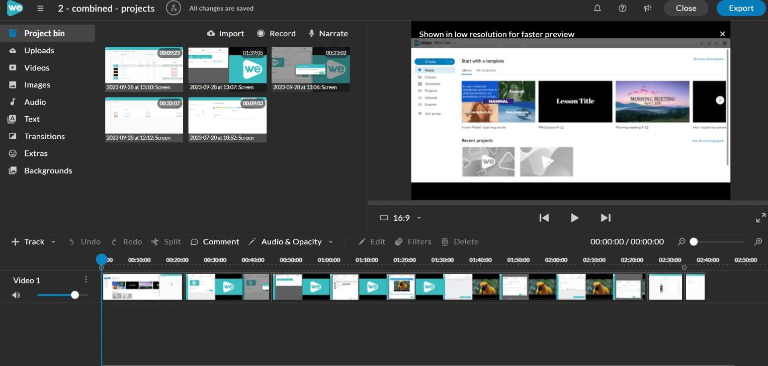 The WeVideo editor shows the combined projects in one new project.