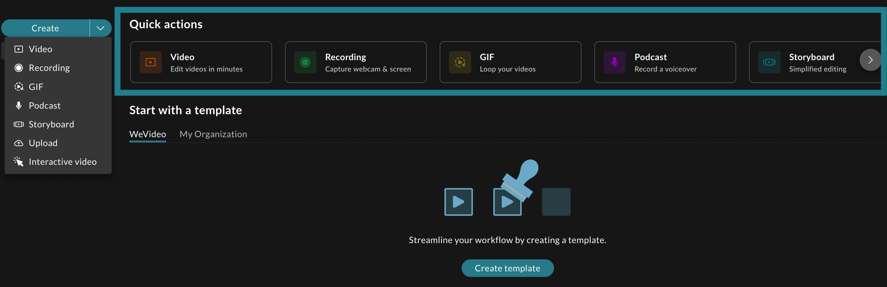 The quick actions menu on the Multimedia Creation homepage is highlighted.