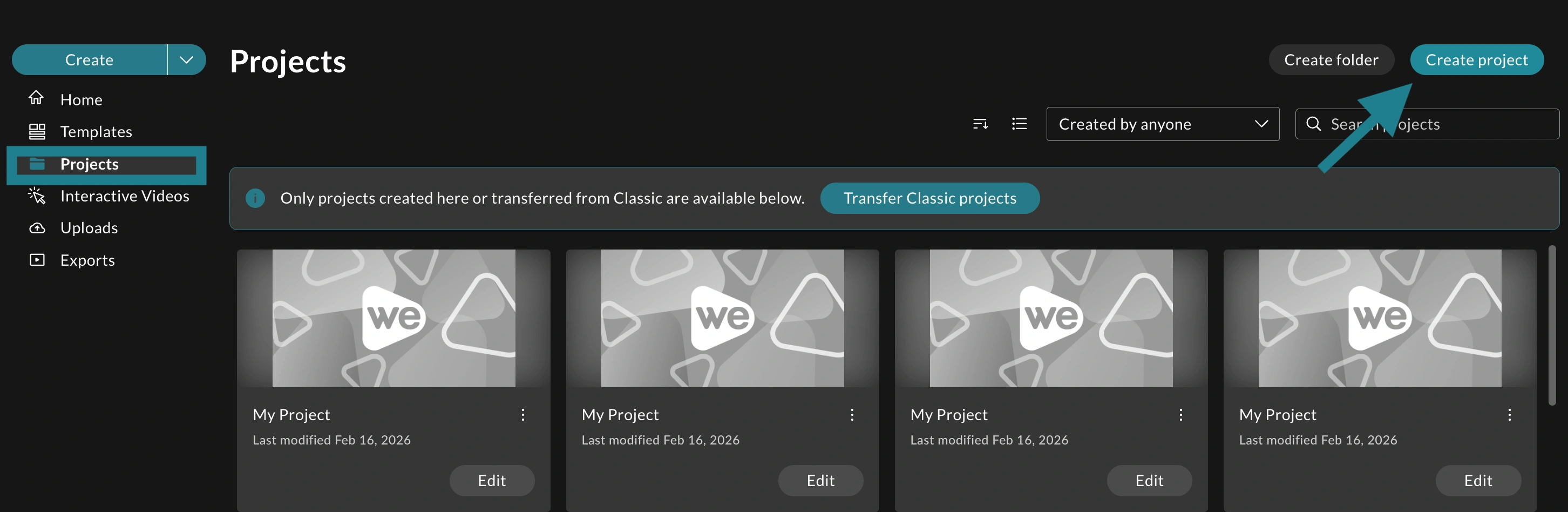 The Project tab on the left sidebar menu is highlighted as the first step, and the Create Project button on the projects page is marked as the second step.
