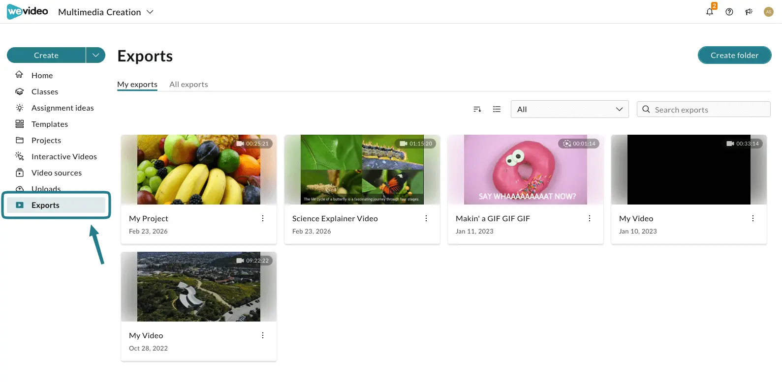 The Exports option in the sidebar menu of the WeVideo Multimedia Creation space is highlighted