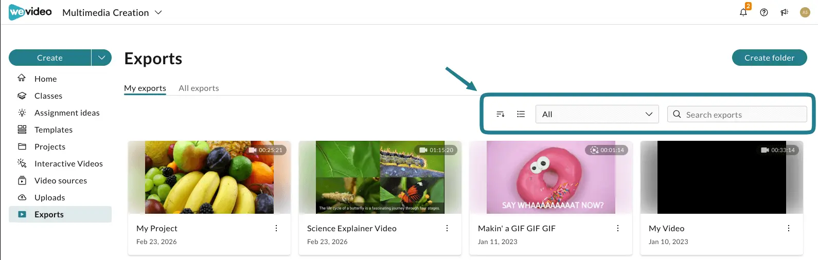 The filter tool and panel at the top of the Exports page are highlighted to let users adjust how they display exports.