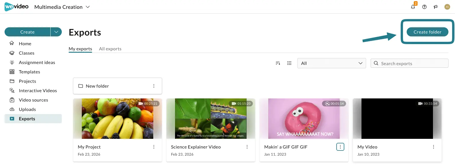The create folder button at the top right of the exports page is highlighted.