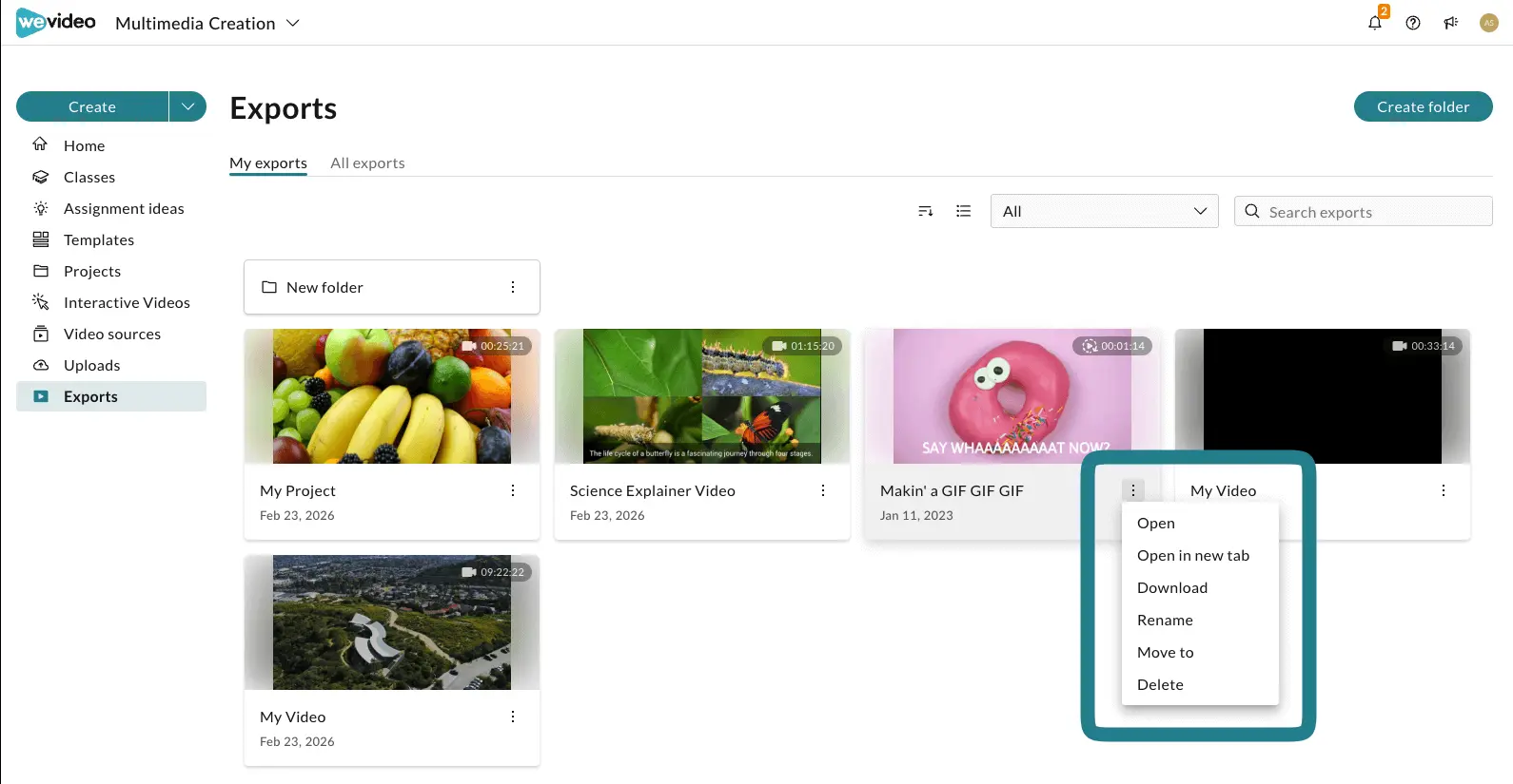 Click the triple-dot button of the export to expand its action menu.