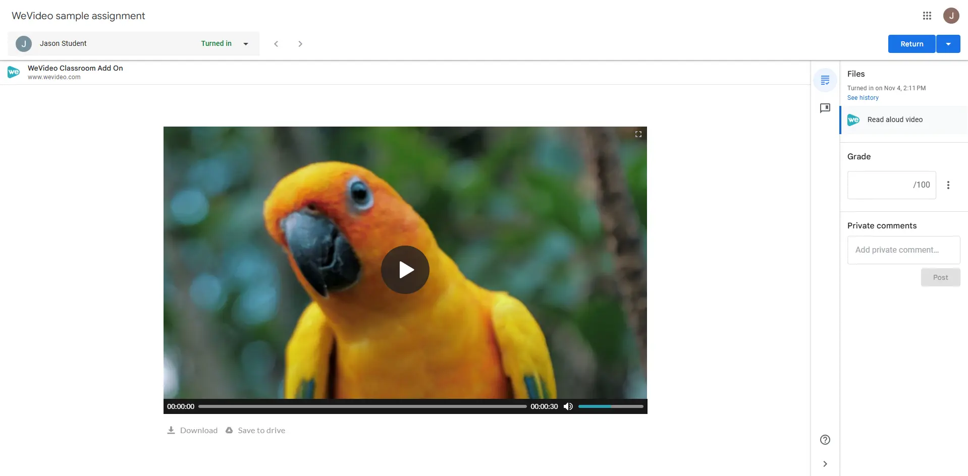 Student submission example via WeVideo's Google Classroom add-on. 