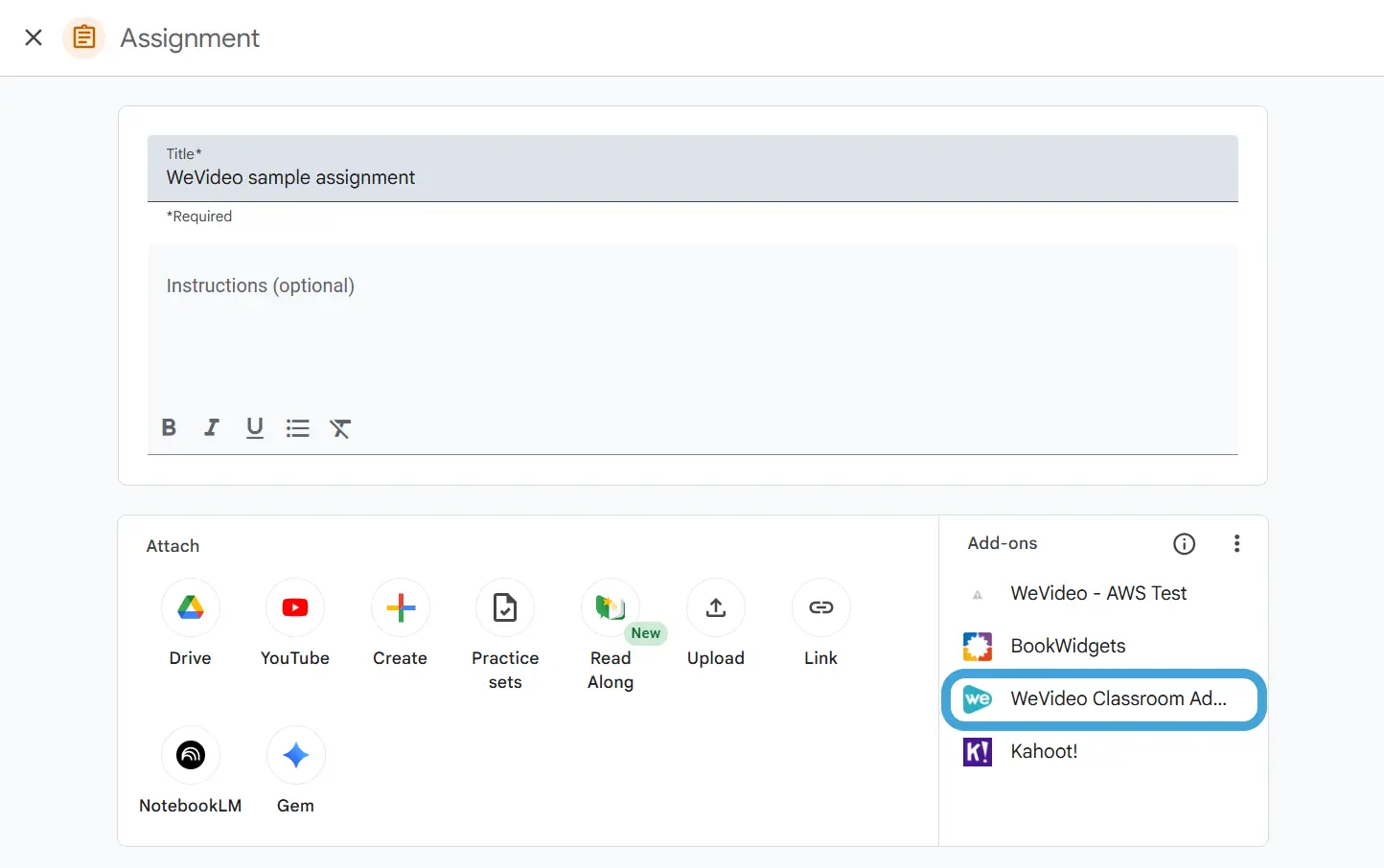 Creating an assignment with WeVideo's Google Classroom add-on. 