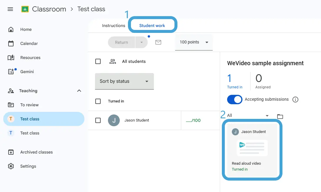 Student work tab in WeVideo's Google Classroom add-on. 