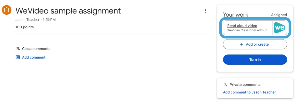 Review submission feature in WeVideo's Google Classroom add-on. 