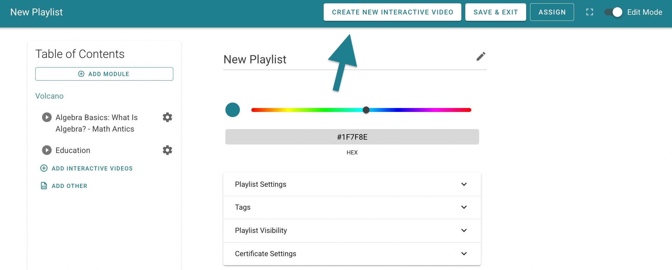 The Create New Interactive Video button in the playlist editor is marked as the first step 