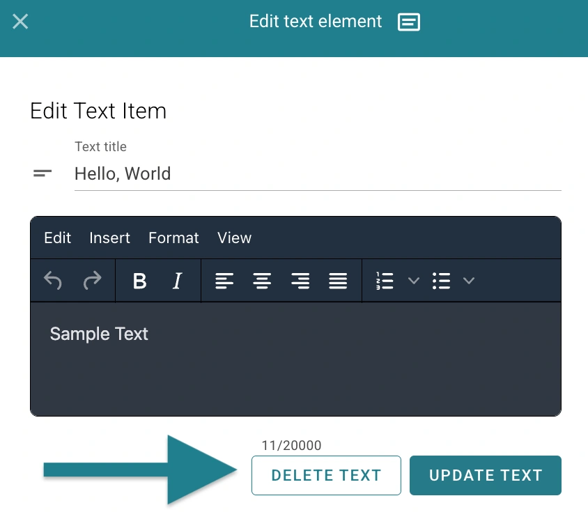The edit text section allows users to edit the text item or delete it.