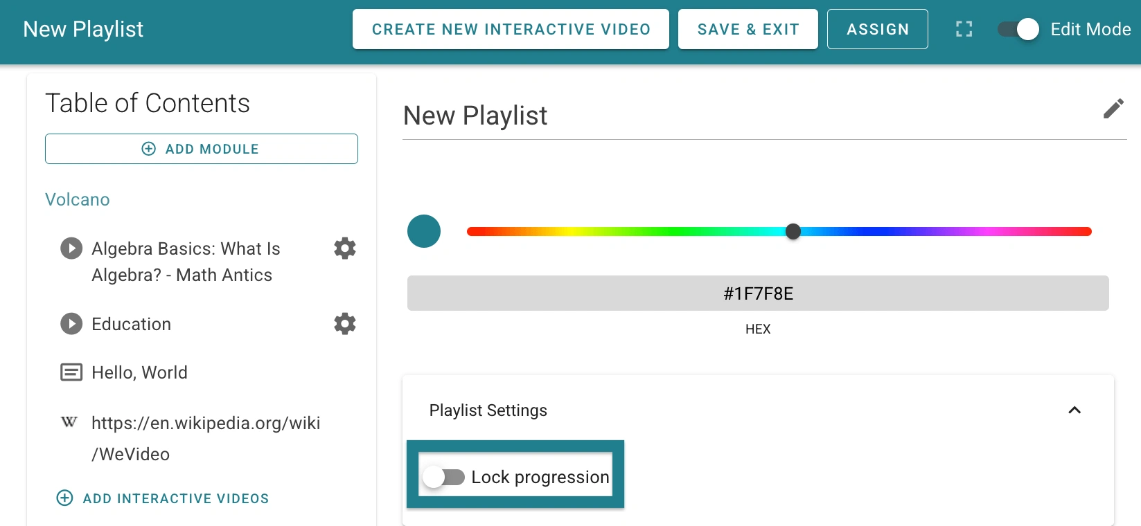 The lock progression toggle in the WeVideo Playlist editor is highlighted.