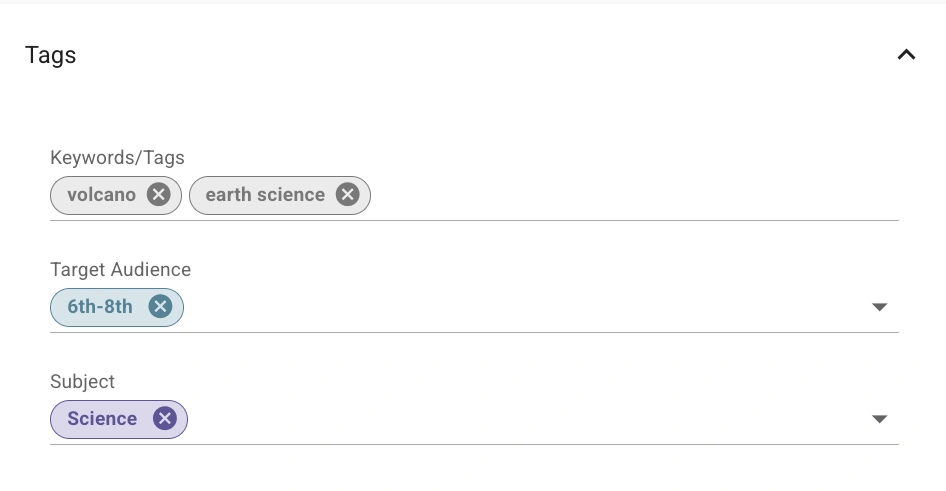 The tags section in WeVideo Playlist editor.