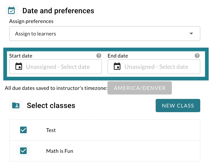 The start and end date section in the assign playlist panel.