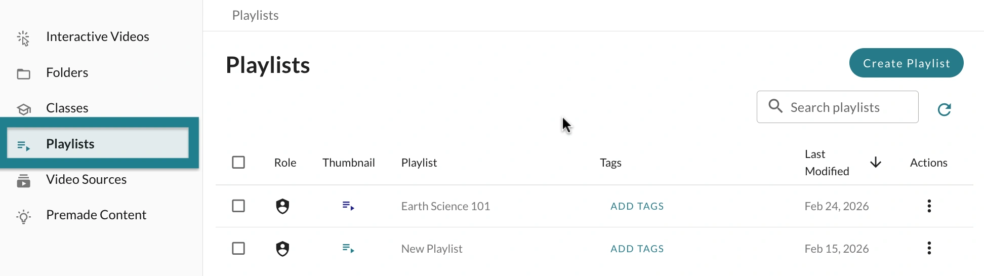 The playlists tab on the left sidebar is highlighted.
